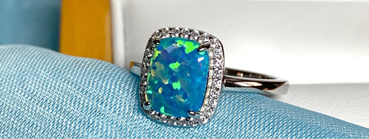 blue opal square cushion style ring