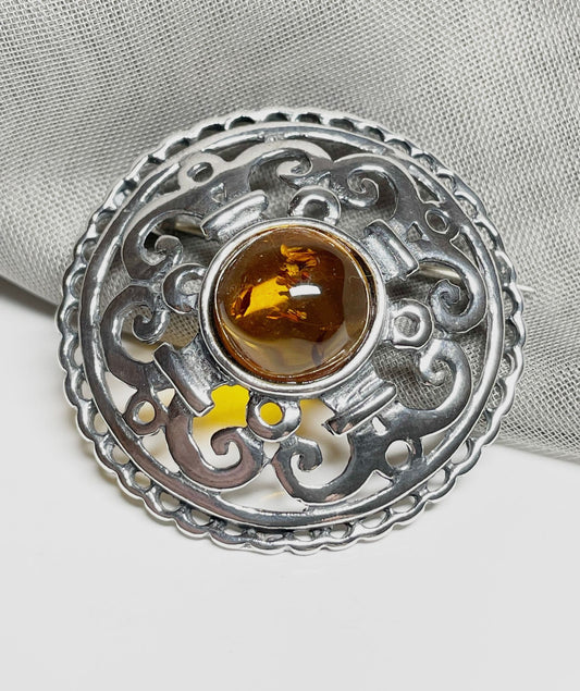 Celtic amber brooch sterling silver