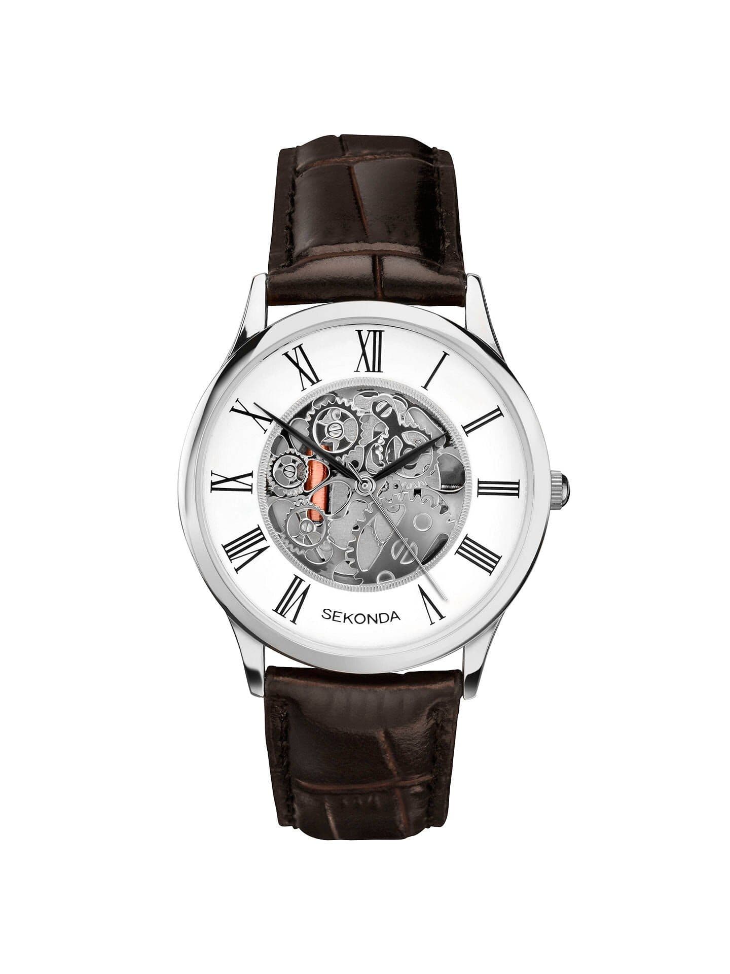 1202 Sekonda Skeleton Watch Brown Strap Round Men's Clear White Roman Numeral Dial