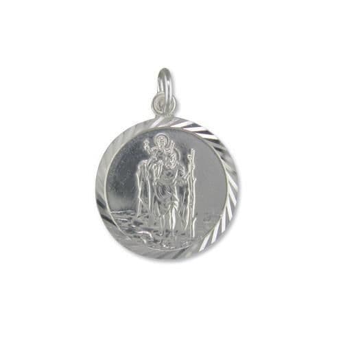 17mm Medium Sterling Silver St. Christopher Solid Round Diamond Cut