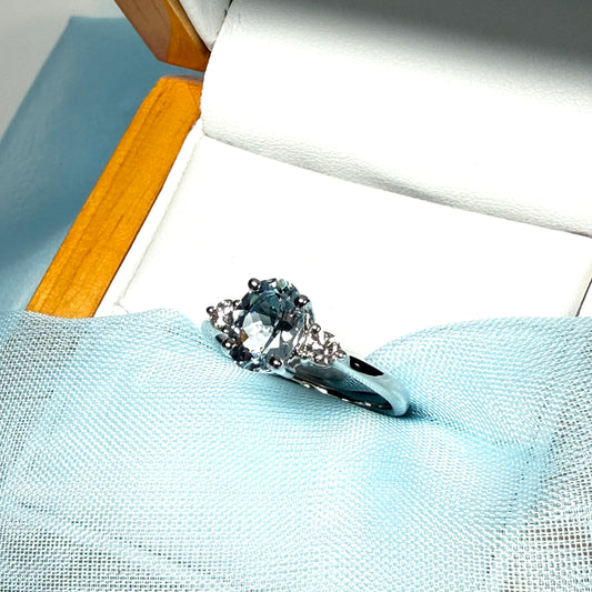 Real 1 carat aquamarine ring and diamond white gold fancy trilogy three stone dress