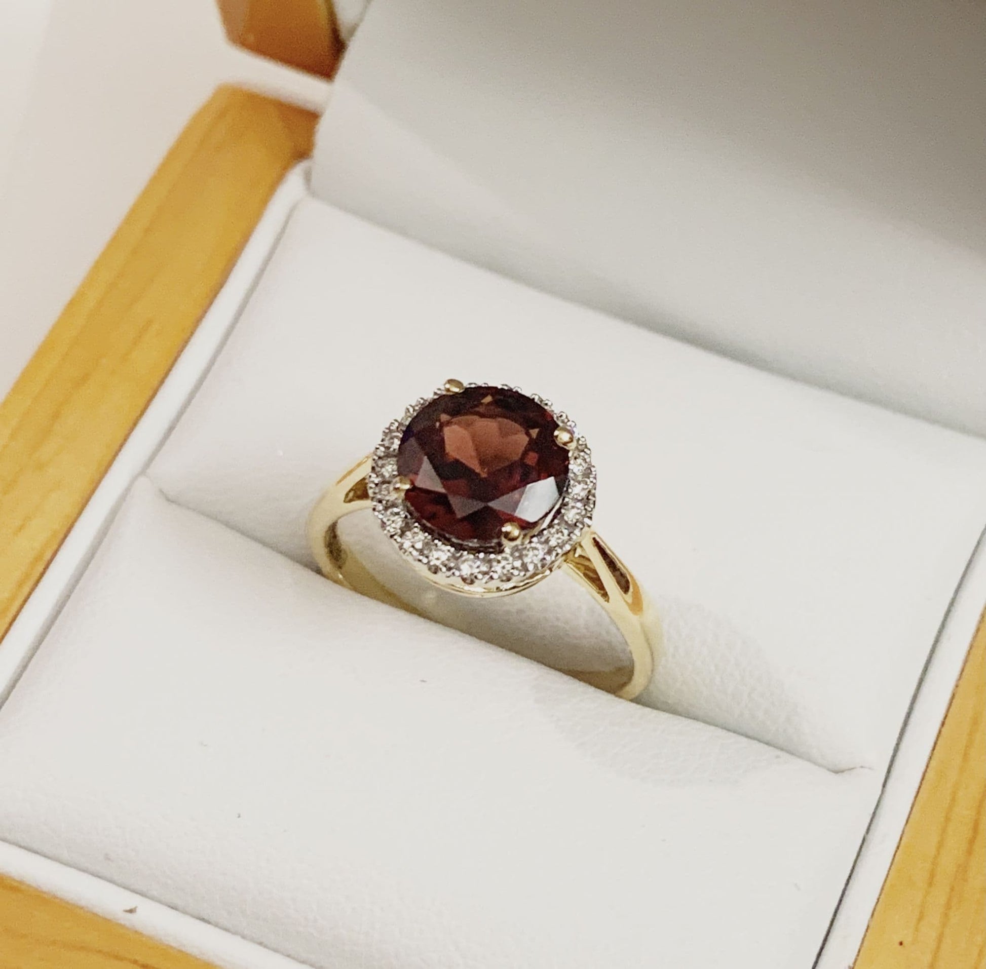 Yellow Gold Round Garnet And Diamond Cluster Ring