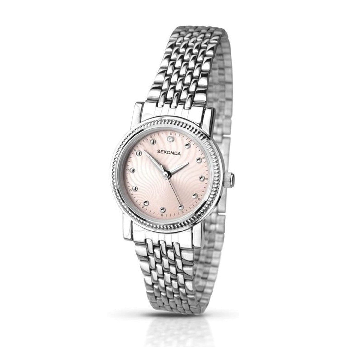 2006 Sekonda Ladies Round Silver Coloured Bracelet Watch Peach Dial