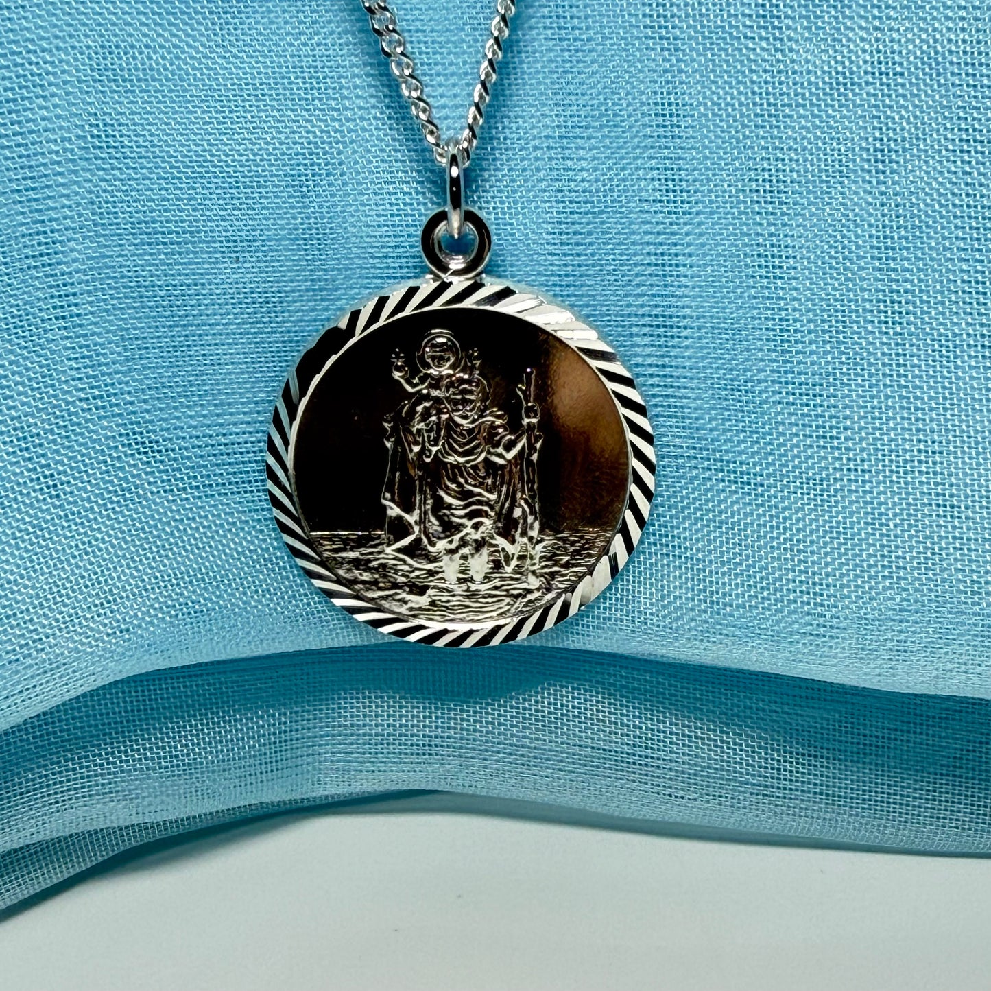 25 mm Sterling silver large round St. Christopher including chain