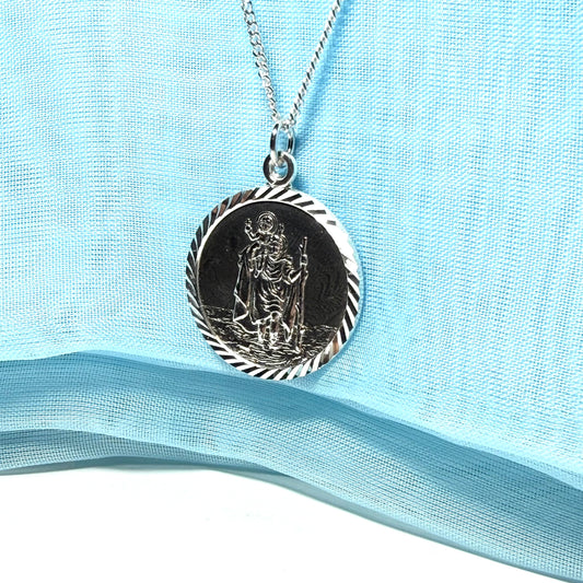 25 mm Sterling silver large round St. Christopher including chain