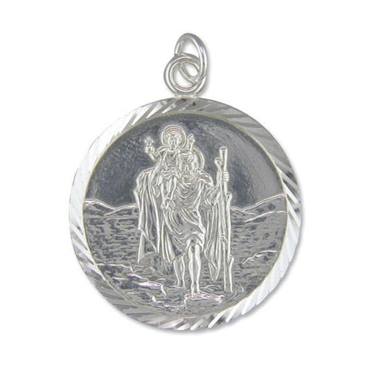 29 mm Large Sterling Silver Round St. Christopher Including Chain