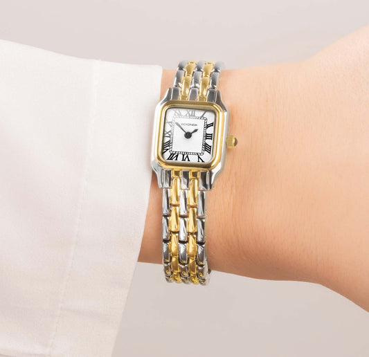 40125 Sekonda watch ladies two tone silver and gold plated bracelet clear Roman dial on the wrist