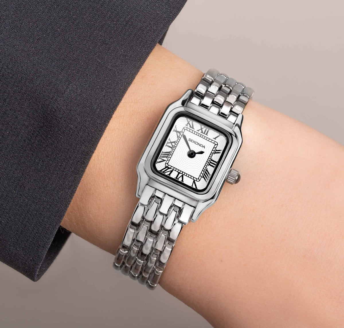 40143 Sekonda watch ladies two tone silver plated bracelet clear Roman dial on the wrist