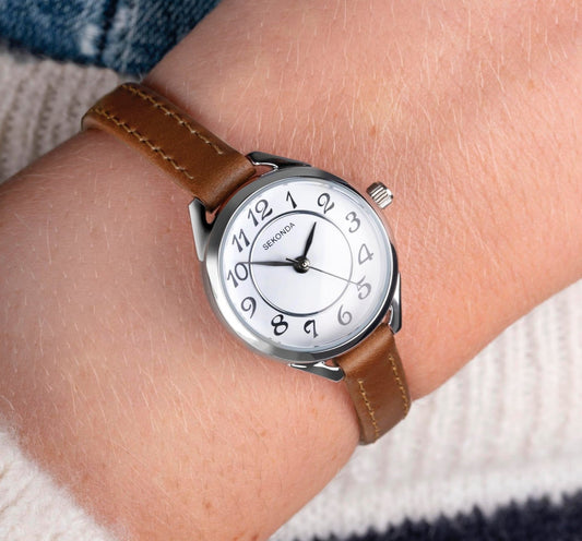 40479 Sekonda Round Watch Ladies Clear Arabic Dial Brown Strap On wirst