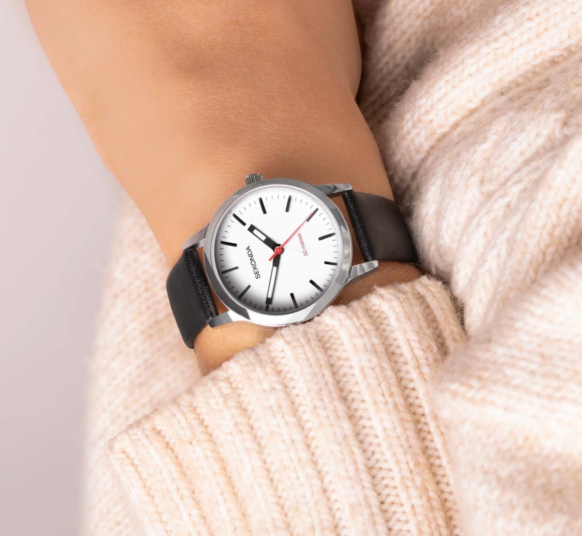 40480 Sekonda Nordic Ladies Watch | Silver Case & Black Leather Strap with White Dial