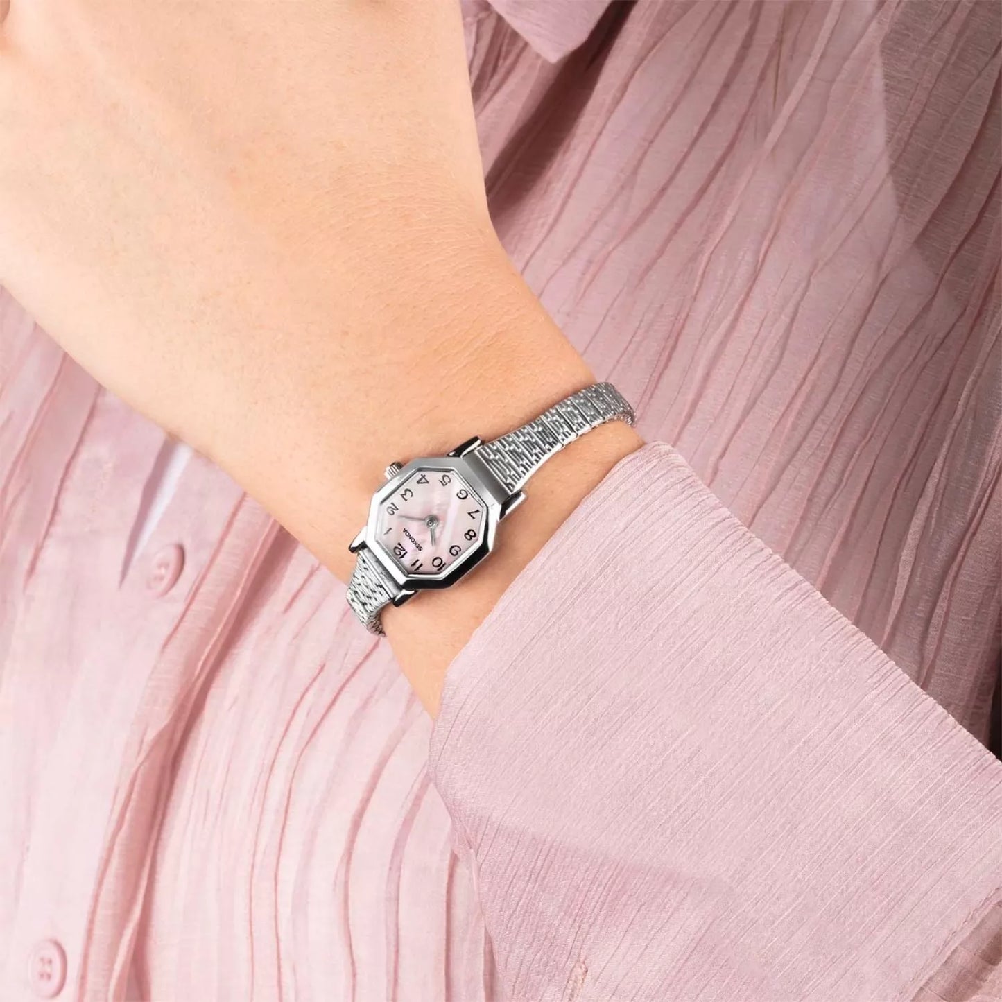 40496 Sekonda watch ladies silver plated expanding bracelet clear dial Arabic on the wrist