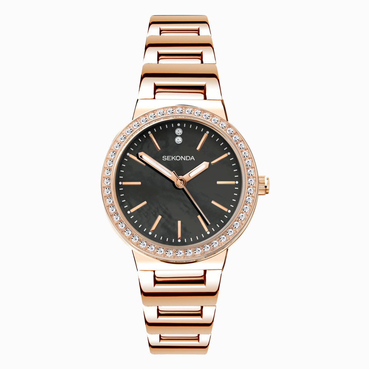 40530 Sekonda Watch Amelia Ladies Rose Gold Plated Bracelet Black Dial Crystal Set