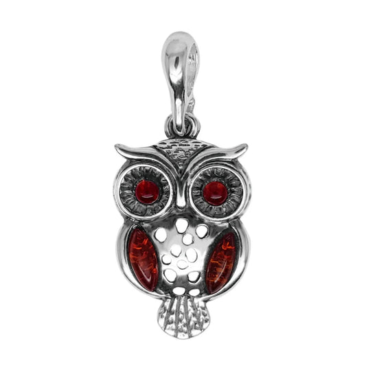Owl necklace pendant amber sterling silver