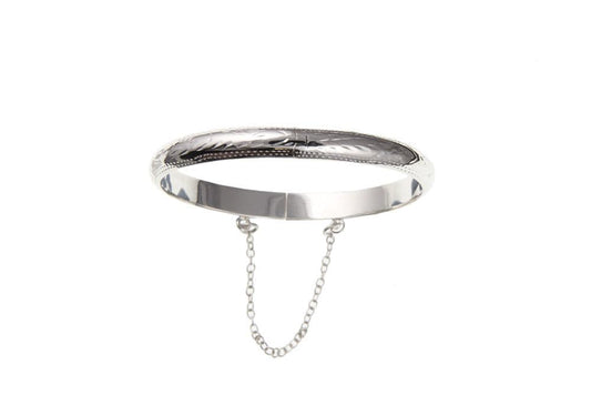 925 Sterling Silver Engraved Baby's Hinged Bangle With Safety Chain
