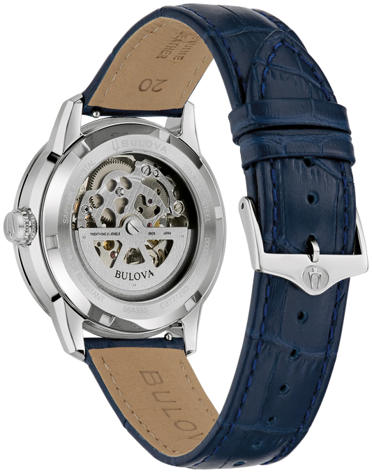 96A330 Automatic Sutton Skeleton Bulova Watch Stainless Steel Blue Dial Blue Leather Strap Showing the movement