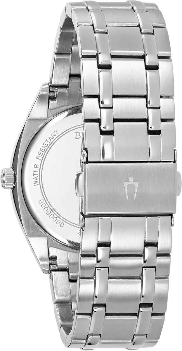 96C125 Bulova Watch Stainless Steel Silver Blue Bracelet Surveyor Clasp detail