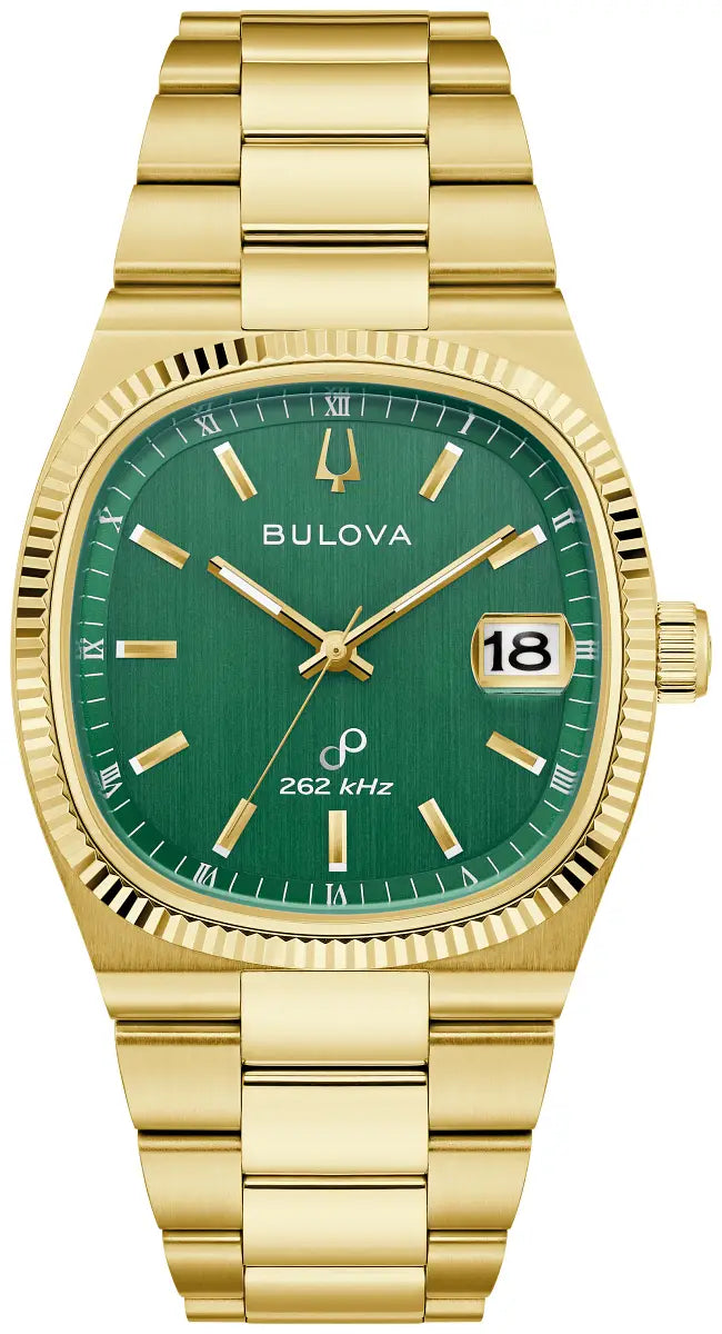 97B237 Bulova Watch Gold Plated Stainless Steel Green Dial Bracelet Super Seville Precisionist