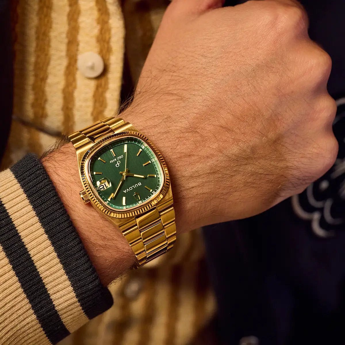 97B237 Bulova Watch Gold Plated Stainless Steel Green Dial Bracelet Super Seville Precisionist On the wrist