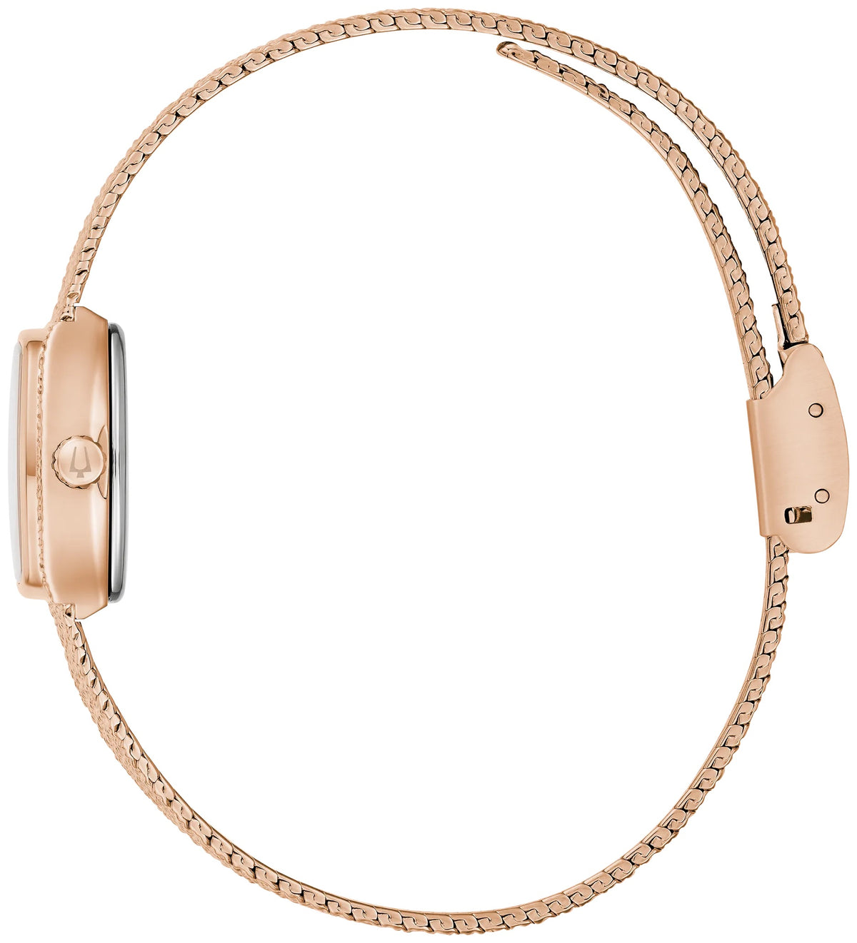 97L185 Bulova Bracelet Watch Rose Gold Plated Stainless Steel Tiger’s Eye Dial Goddess of Time