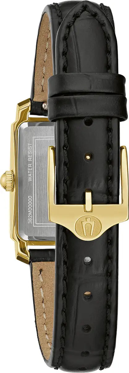 97P166 Bulova Square Diamond Set Watch Gold Plated Stainless Steel Silver Dial Leather Strap Sutton Side view Clasp detail
