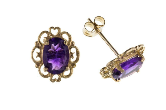 9 Carat Yellow Gold Amethyst Stud Earrings With A Fancy Edging