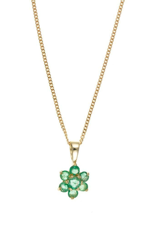 A Yellow gold round cluster emerald necklace