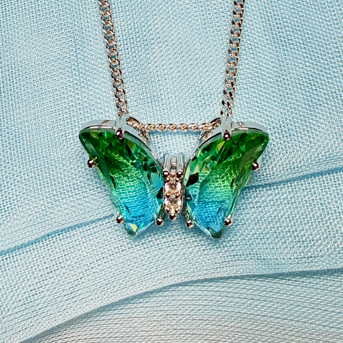 Blue green crystal glass necklace blue butterfly shape pendant sterling silver