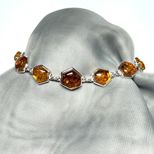 Hexagonal shaped real amber bracelet sterling silver