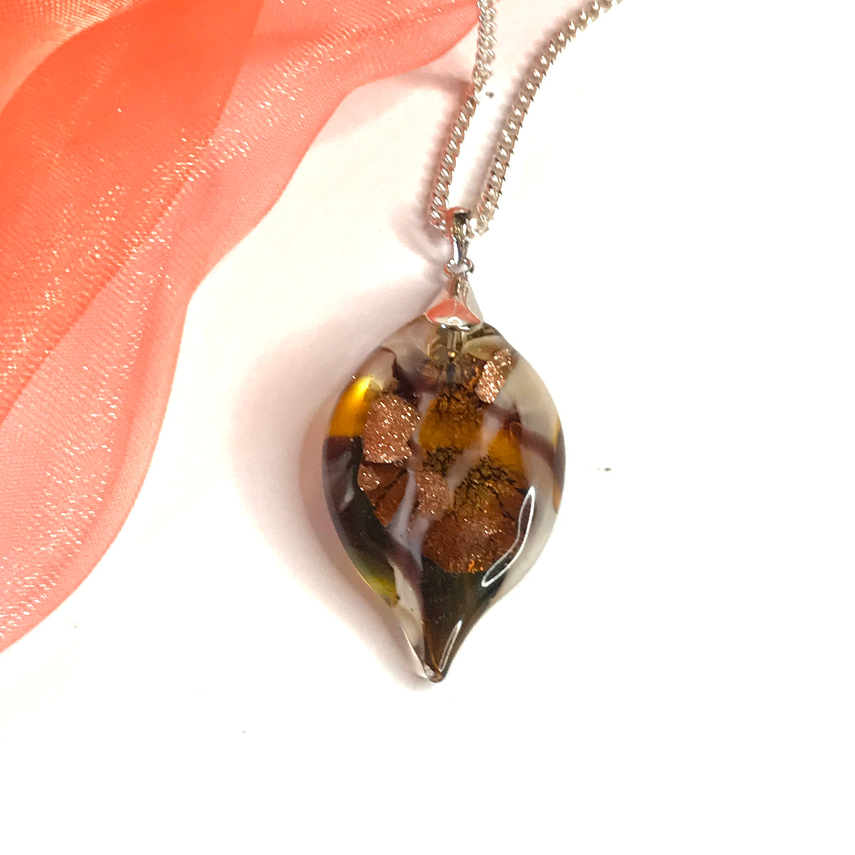 Necklace real Murano glass copper coloured oval leaf shaped pendant with chain
