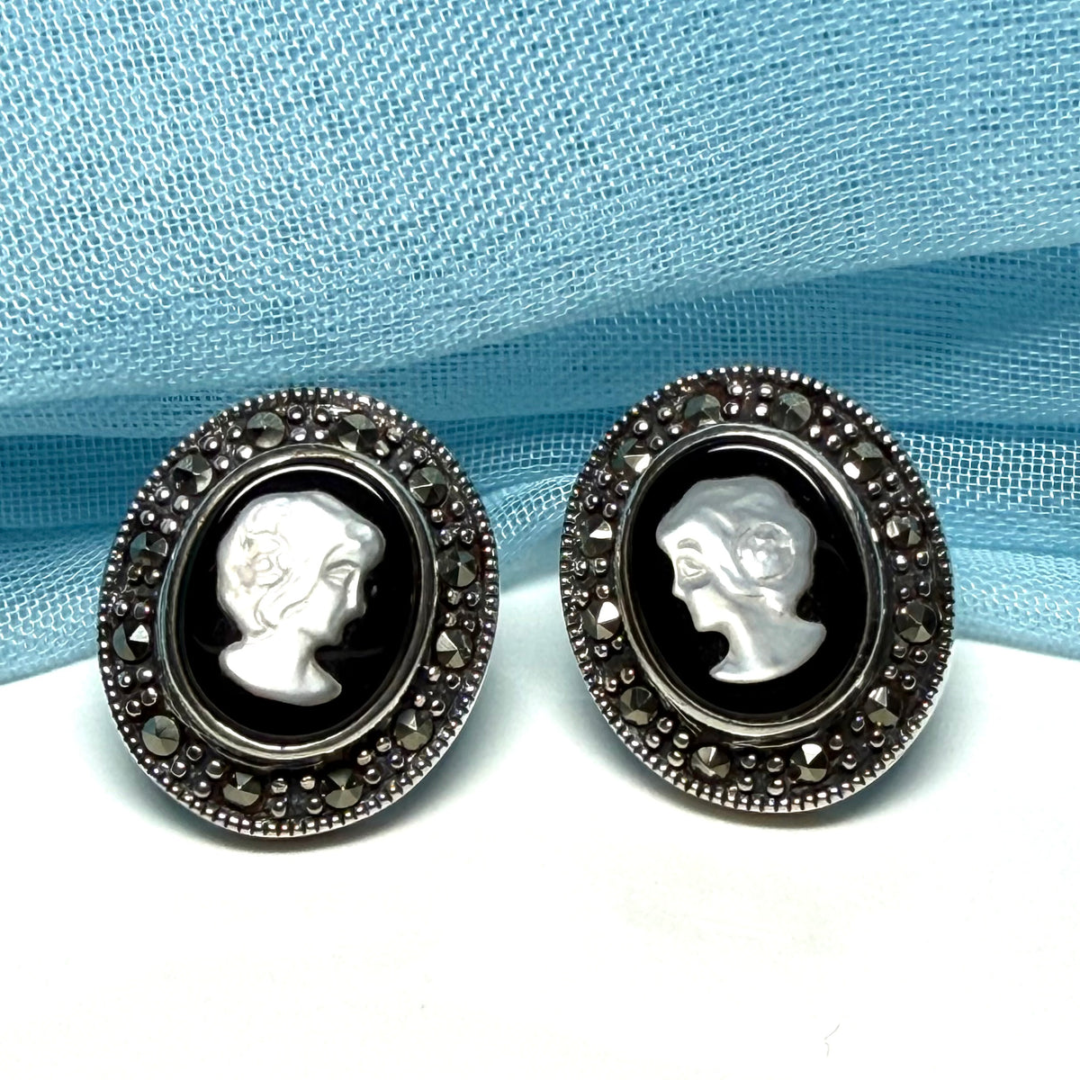Oval Cameo stud earrings sterling silver black onyx and white Mother of Pearl
