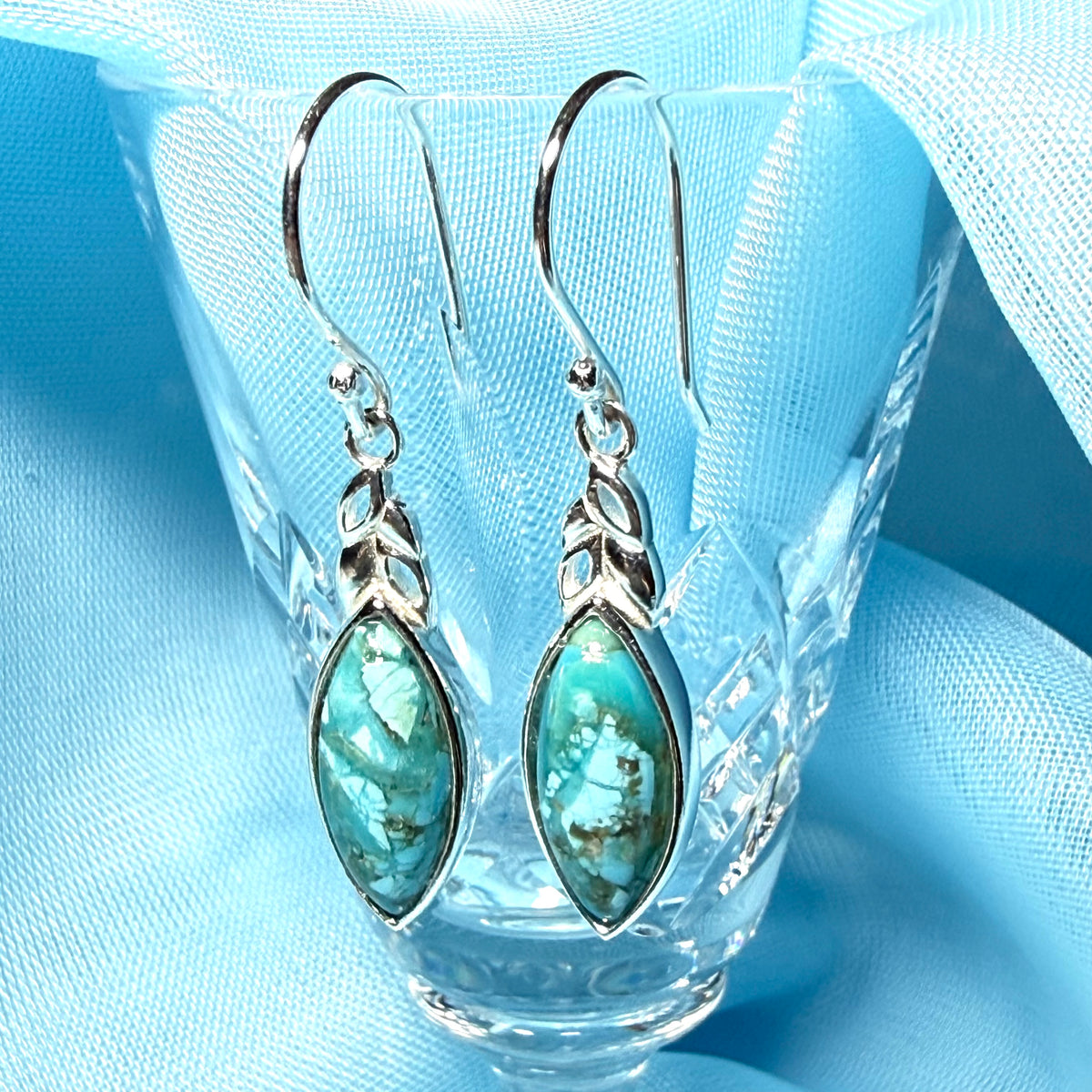 Sterling Silver Turquoise Marquise Cut Drop Earrings