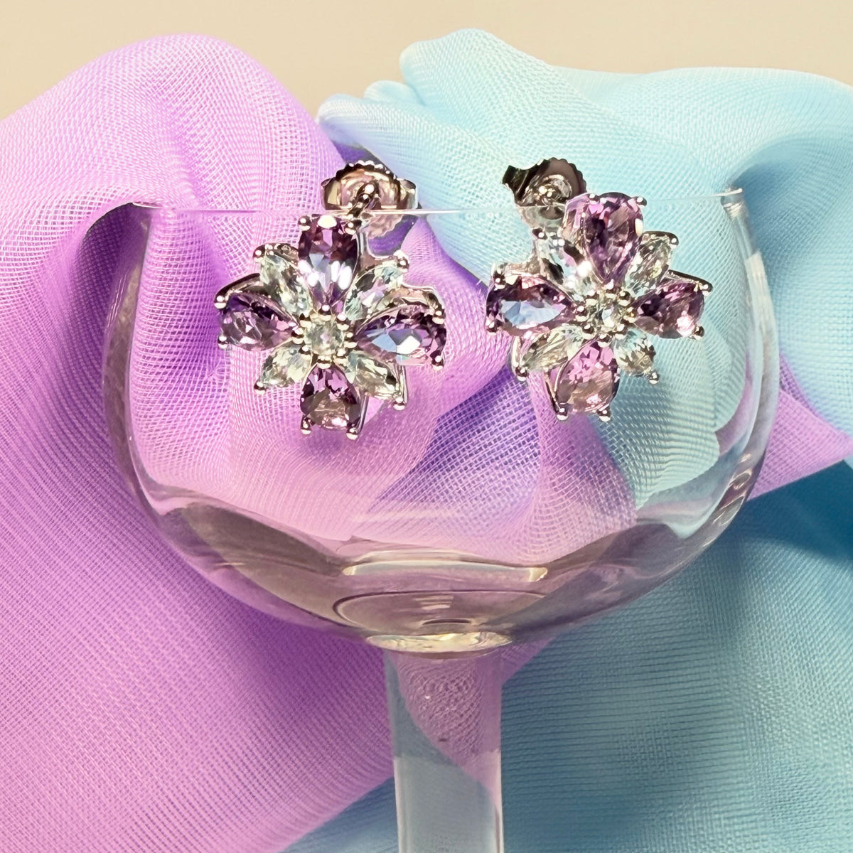 Pair of real amethyst and real blue topaz fancy spray stud earrings