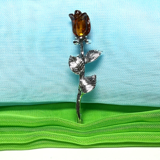 Real Amber Rose Shaped Brooch Sterling Silver