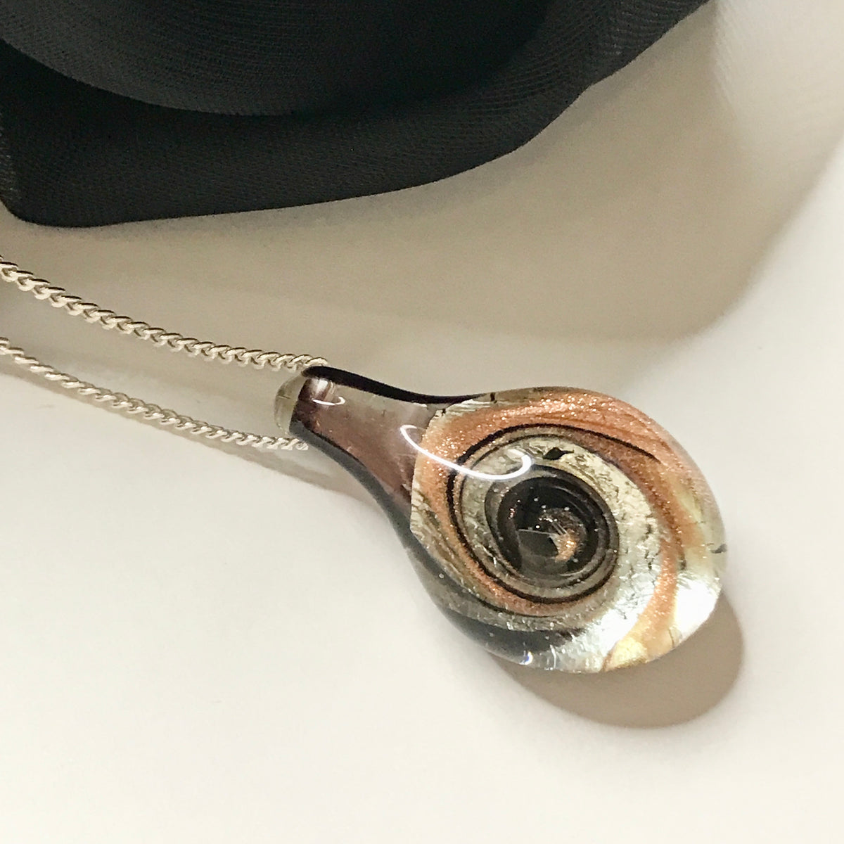 Real Murano glass necklace copper, clear and black coloured pendant including chain