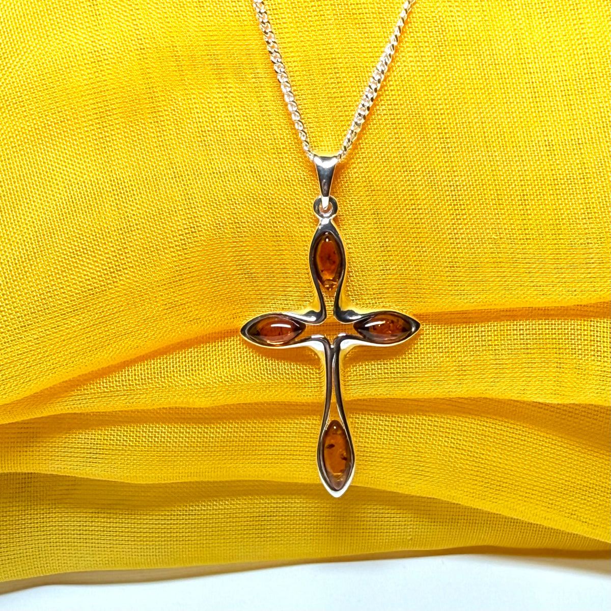 Real amber cross necklace sterling silver pendant
