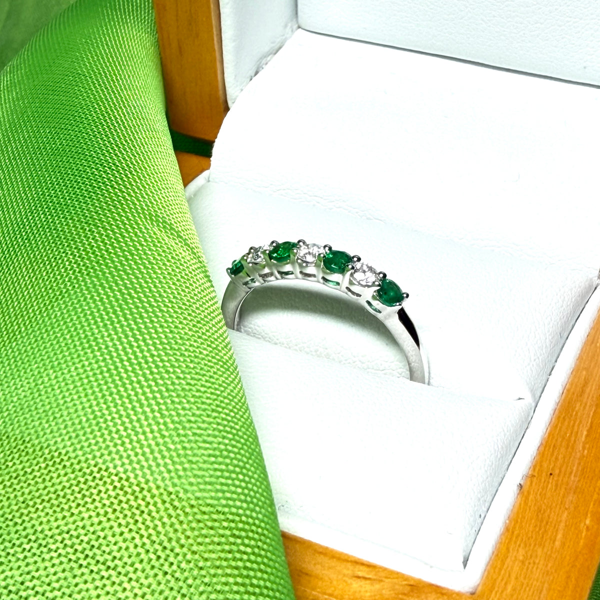 Real emerald diamond white gold eternity ring claw setting seven stone