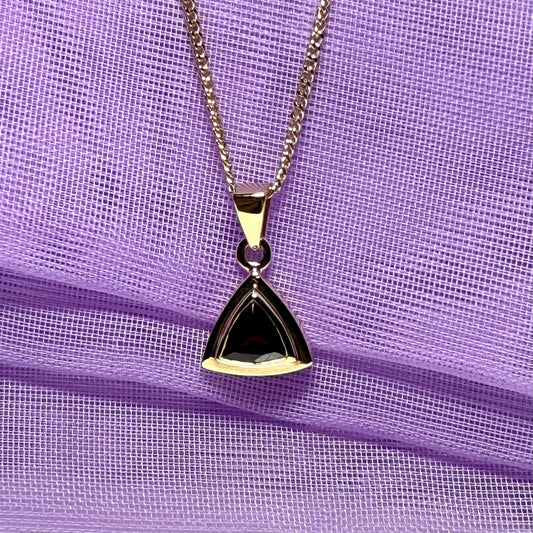 Real garnet necklace triangle shaped yellow gold pendant