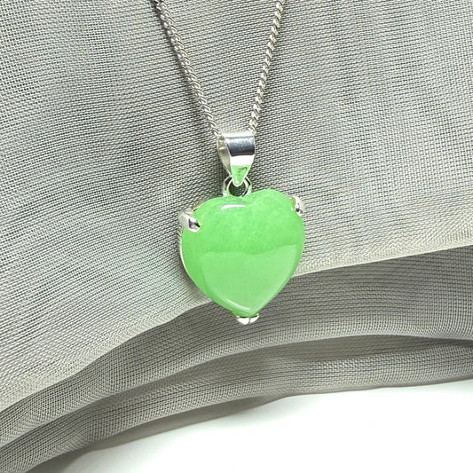 Real green jade necklace heart shaped sterling silver with chain included