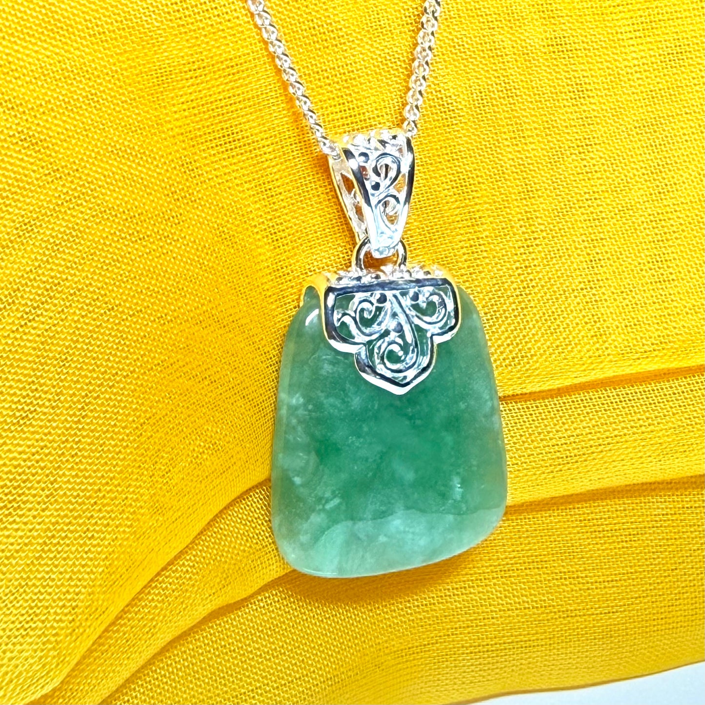 Real green jade necklace sterling silver large cushion shaped, a truly stunning pendant