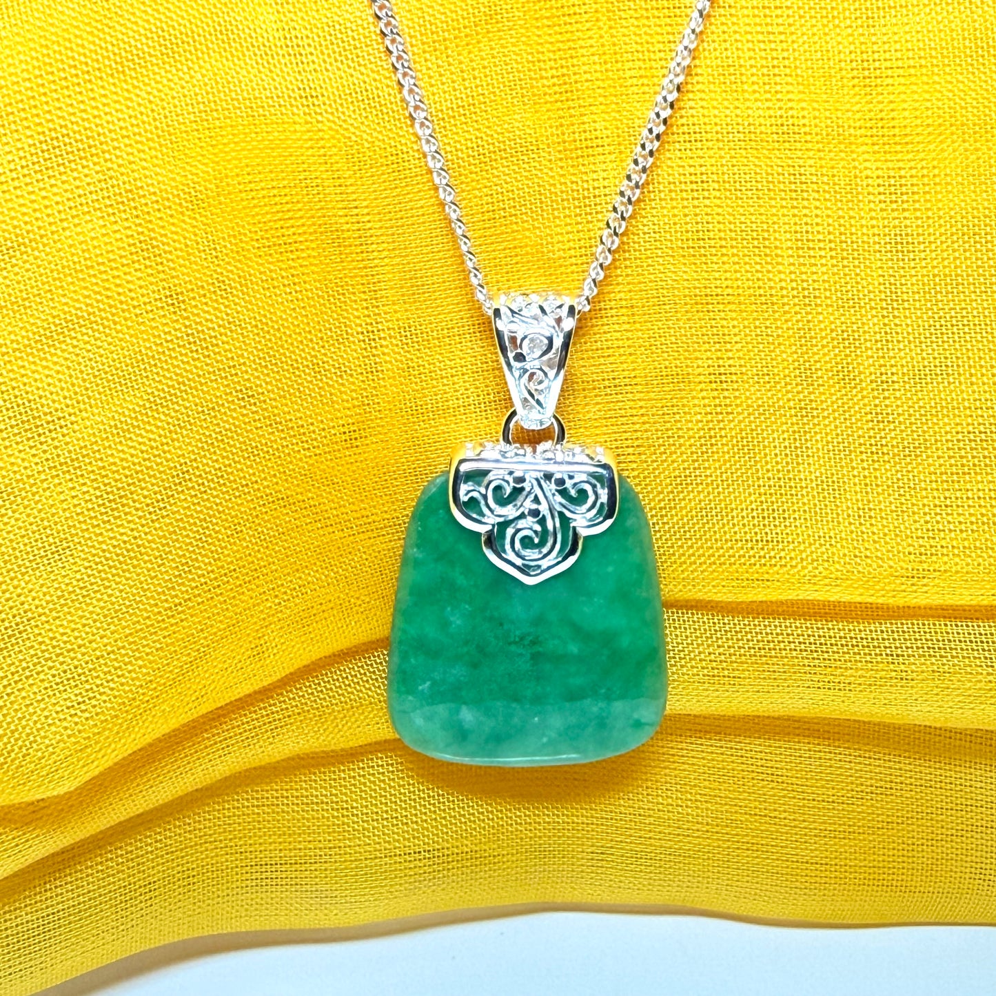 Real jade necklace green sterling silver large cushion shaped pendant, a truly stunning design