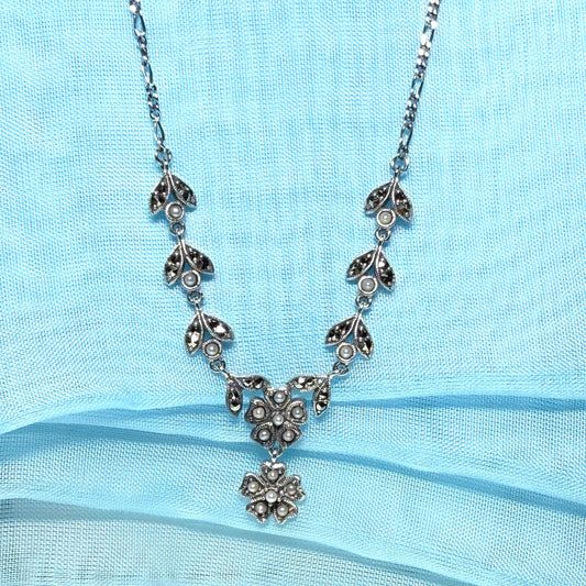 Real marcasite and real freshwater pearl flower shaped necklace sterling silver