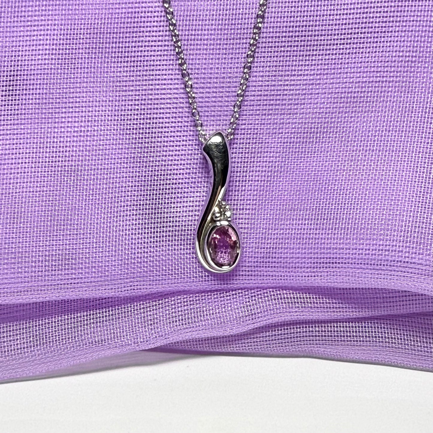 Real pink sapphire and diamond pendant necklace white gold