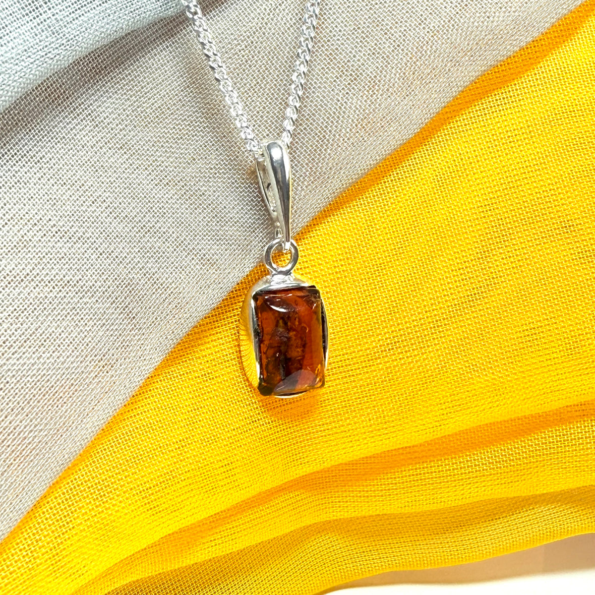 Small square necklace rectangle shaped amber pendant