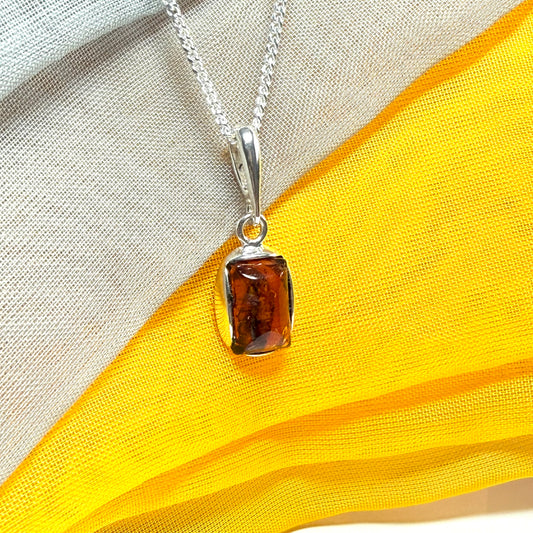 Small square necklace rectangle shaped amber pendant