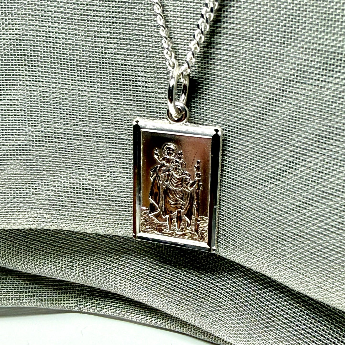 Solid Sterling Silver Rectangular St. Christopher Including Chain