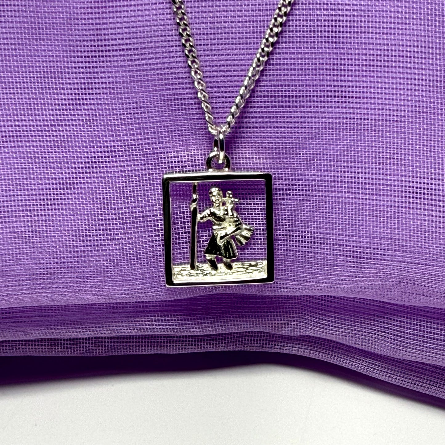 Square Sterling Silver Pierced St. Christopher Including Chain