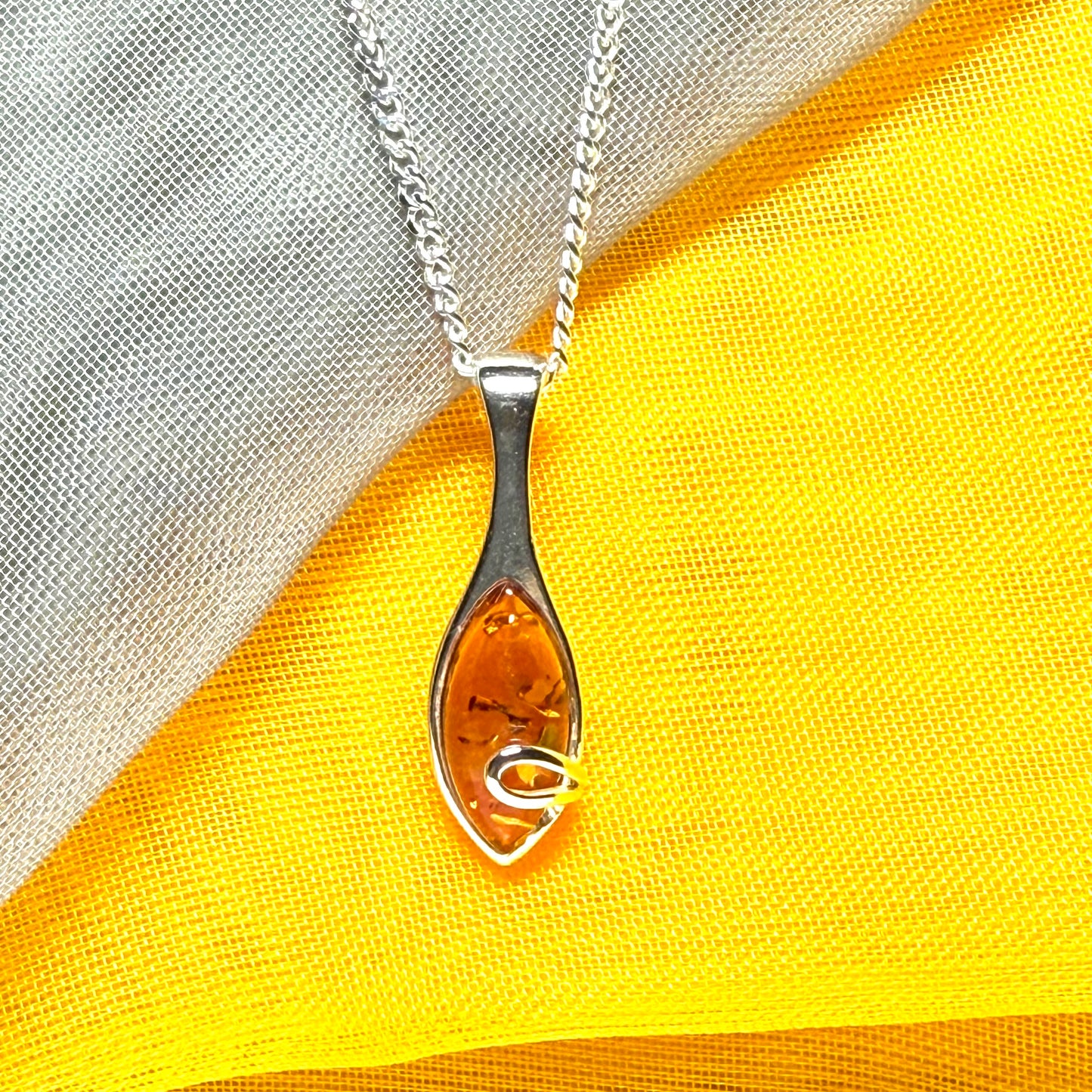 Sterling silver real amber marquise shape necklace swirl pendant with chain Included