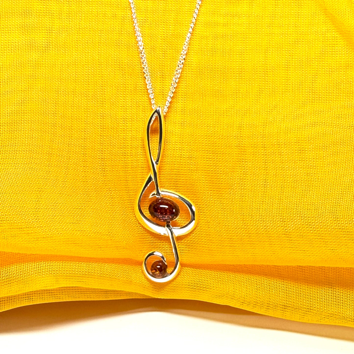 Treble clef necklace musical orange real amber sterling silver pendant