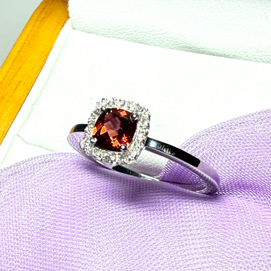 White gold real garnet and diamond cluster ring