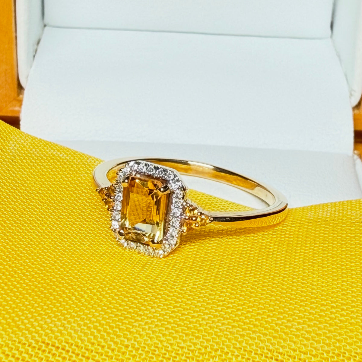 Citrine and diamond yellow gold octagonal cluster ring